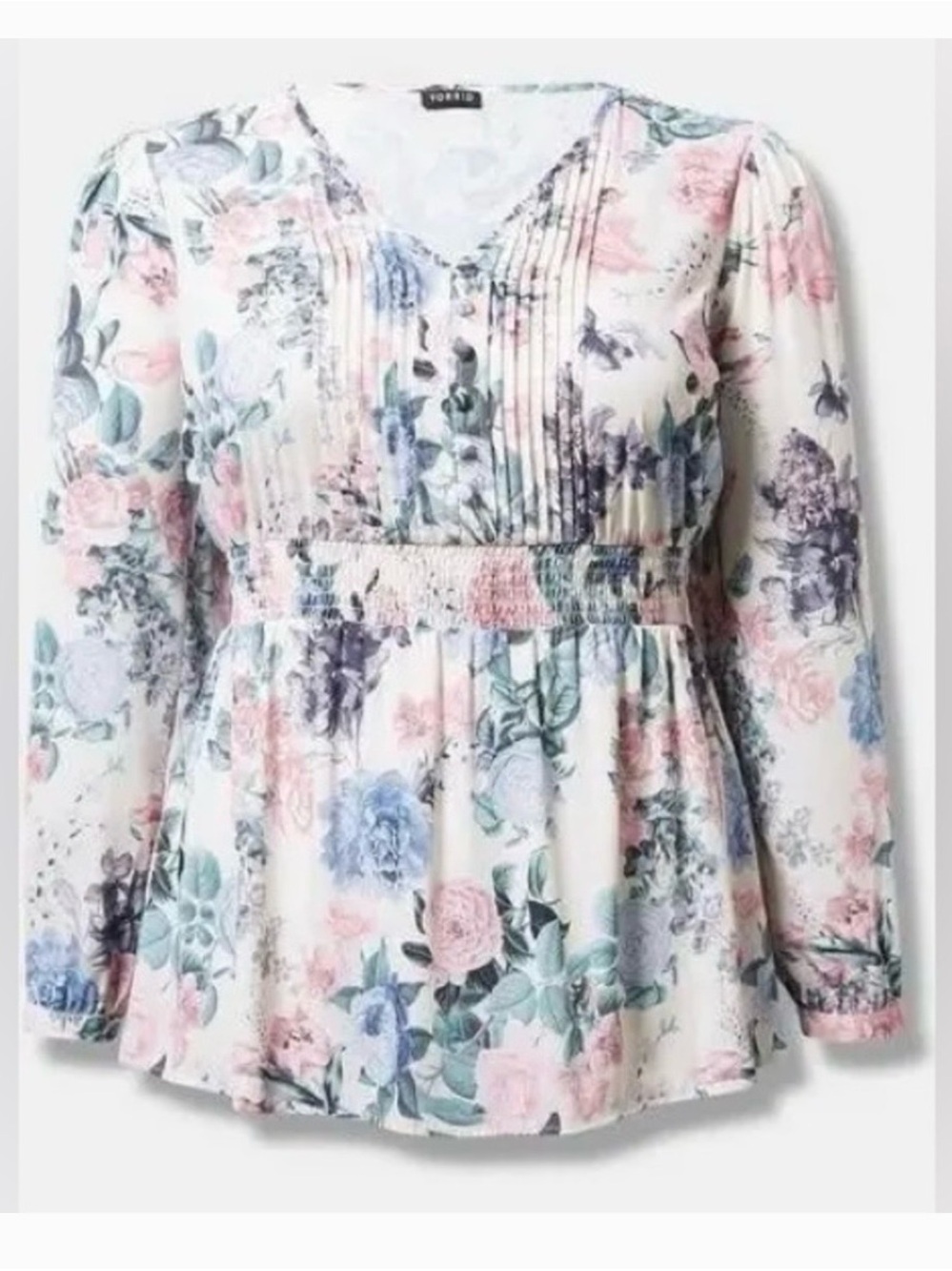 torrid Floral Pintuck Smocked Waist Blouse - Ivory with Pink & Blue Flowers
